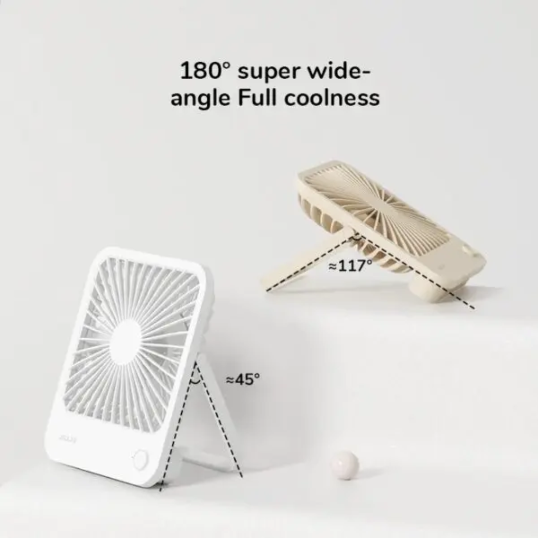 USB mini desktop fan in white and beige with adjustable angles for wide cooling