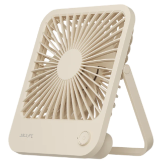 Beige USB rechargeable desk fan with compact design and adjustable stand
