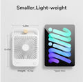 USB rechargeable desk fan in white shown next to iPad Mini for size comparison lightweight and compact