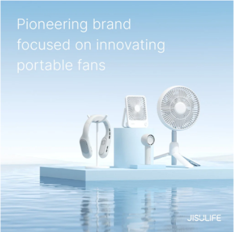 USB rechargeable desk fan and other innovative portable fans displayed on a platform