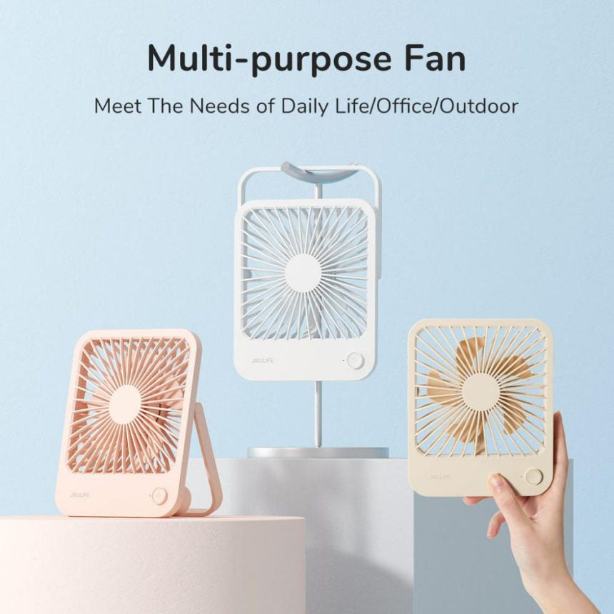 USB rechargeable desk fan in white beige and pink colors for office and outdoor use