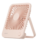 USB rechargeable desk fan in pink with adjustable stand and front grill
