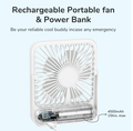 USB rechargeable desk fan with 4500mAh battery and portable power bank feature