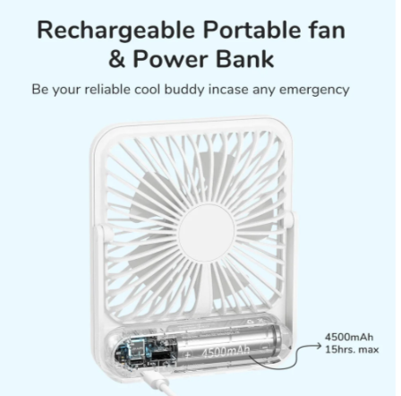 USB rechargeable desk fan with 4500mAh battery and portable power bank feature