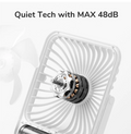 Close-up of USB rechargeable desk fan showing quiet motor with max 48dB noise level