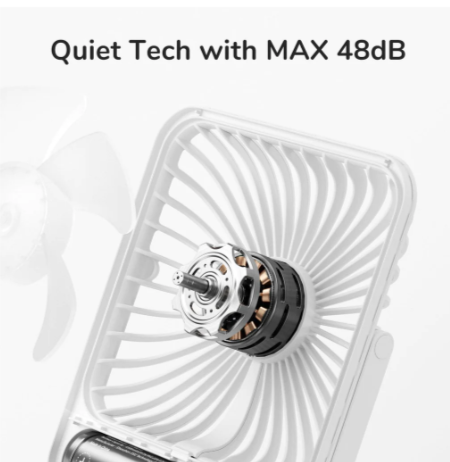 Close-up of USB rechargeable desk fan showing quiet motor with max 48dB noise level