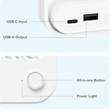 Close-up of USB rechargeable desk fan ports including USB-C input and USB-A output with power button and indicator light