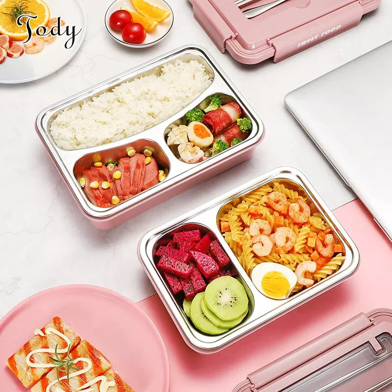 VMIDirect Stainless Steel Leakproof Bento Lunch Box in gray, blue, and pink for safe meal storage