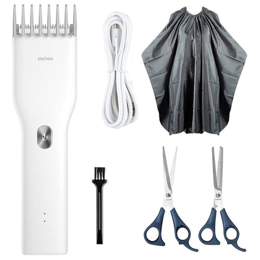 Enchen Boost Hair-Trimmer with Scissors and Cloth USB Electric Hair Clipper Two Speed Ceramic Cutter Hair Low Noise Waterproof Hair Trimmer Dual Speed Settings Adjustable Cutting Length Safe Contact - VMI Direct