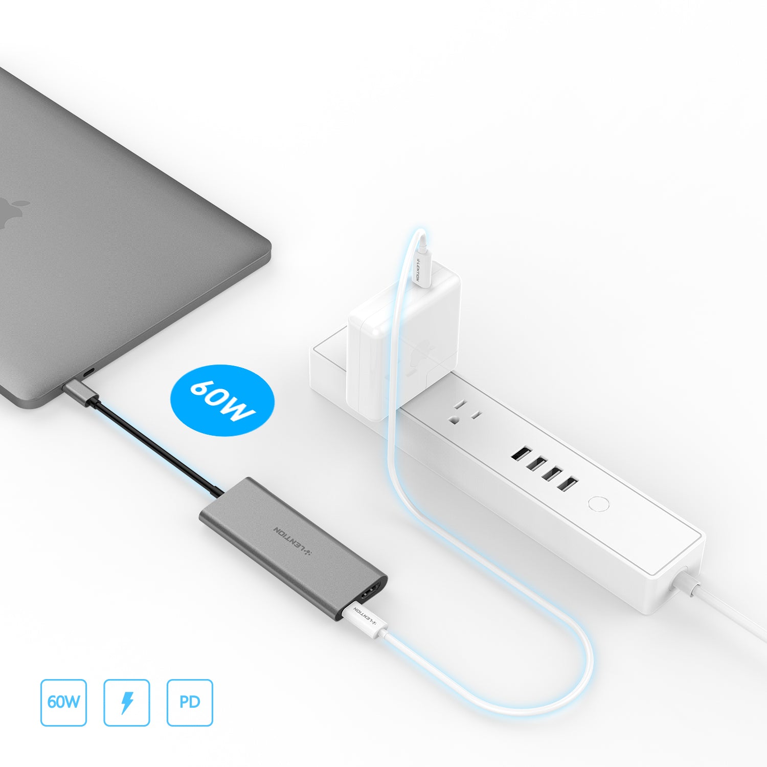 USB-C hub with 4K HDMI, connecting laptop to power and multiple devices