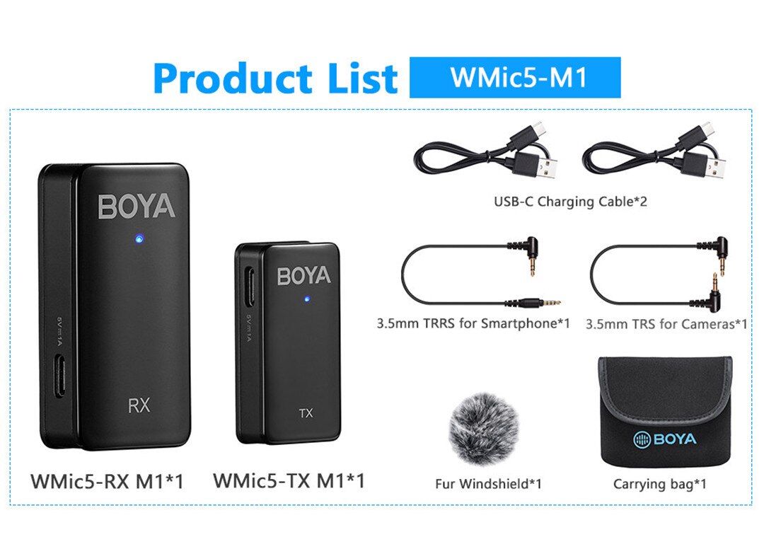 BOYA WMIC5 M1 Wireless Microphone Mini 2.4GHz Condenser Lavalier Microphone Ultracompact Cordless Lapel Microphones Clip On Mic