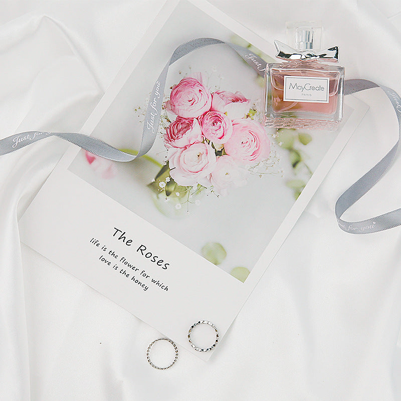 VMIDirect Magazines Card Decoration with Floral Print, Perfume, and Elegant Jewelry on Soft Fabric