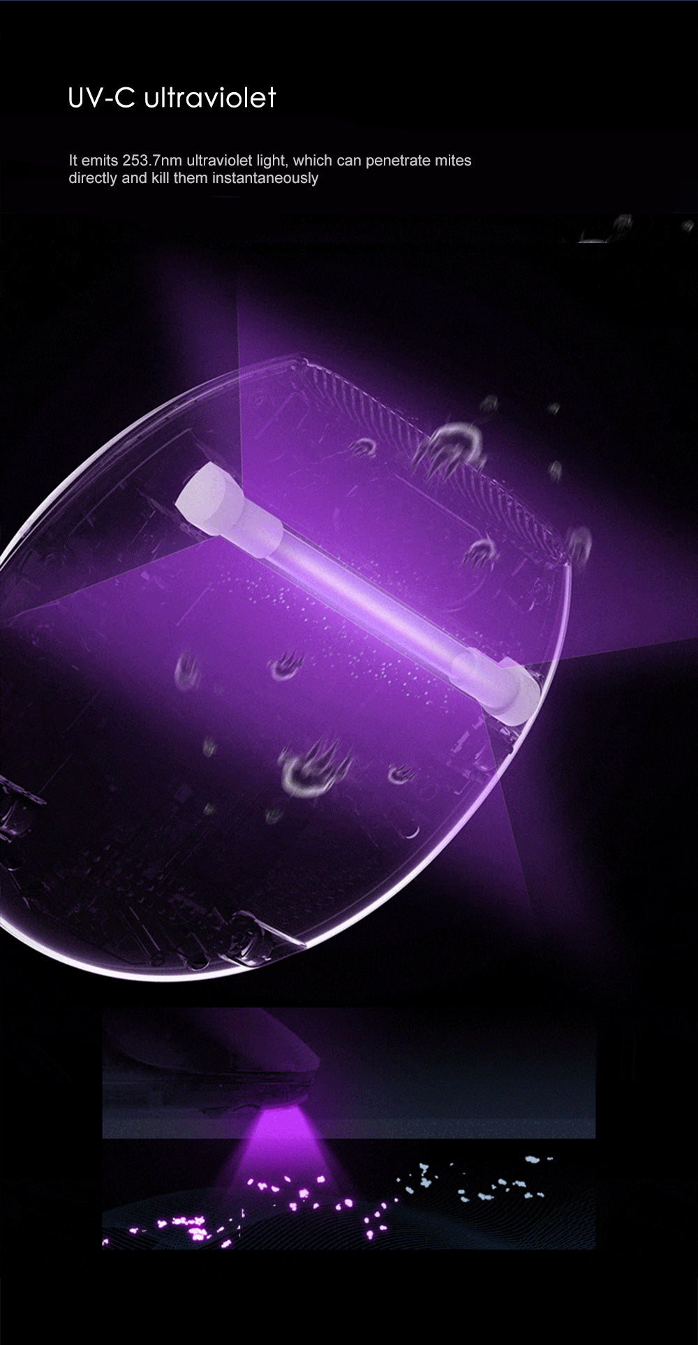 UV-C Light from Mite Vacuum Cleaner Designed to Eliminate Mites Instantly and Effectively