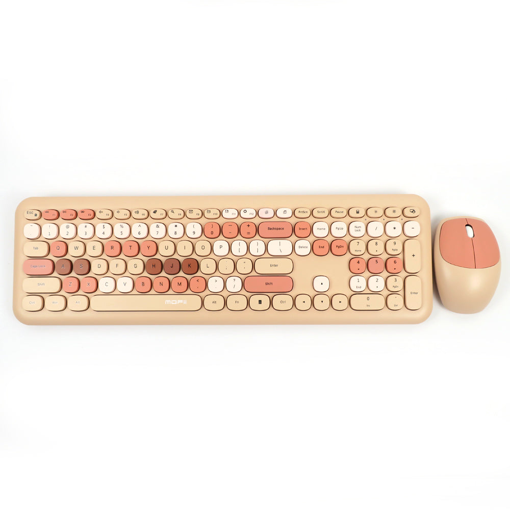 Mofii 666 keyboard and mouse for PC with beige and pink rounded keys and matching mouse