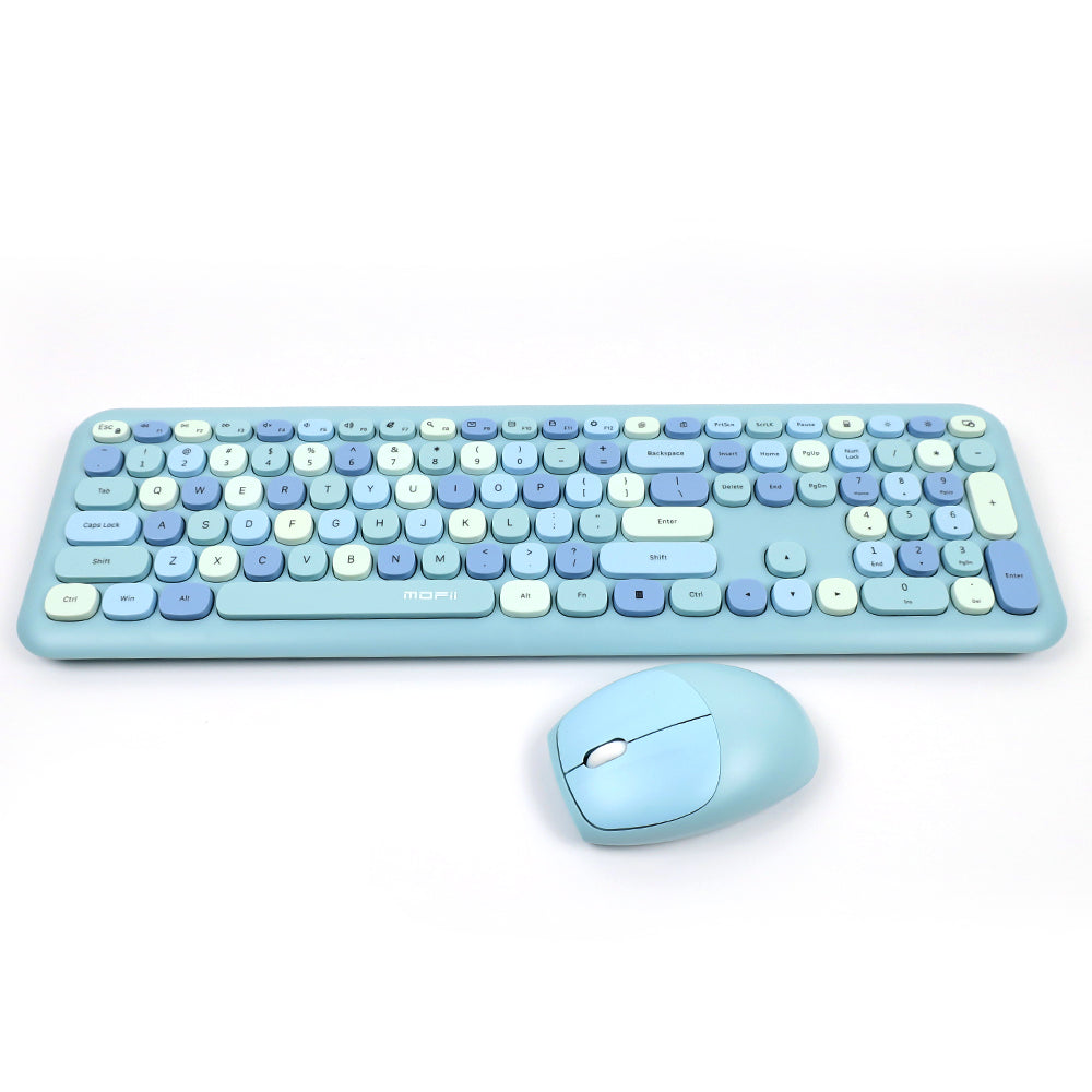 Mofii 666 keyboard and mouse for PC in pastel blue and white with round keys