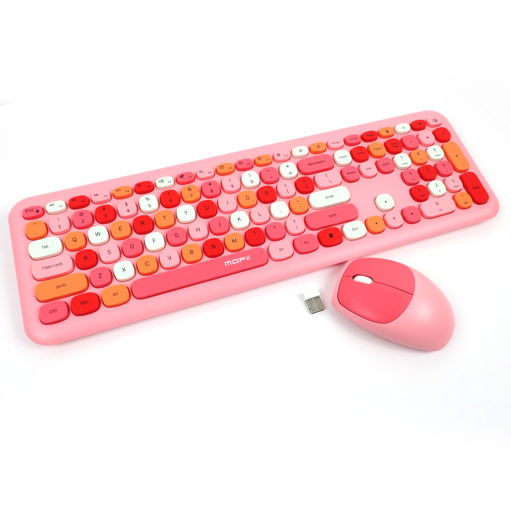 Mofii 666 keyboard and mouse for PC in pink with colorful round keys and wireless mouse
