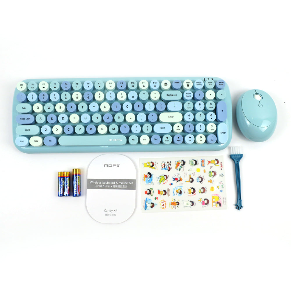 Mofii Candy XR wireless keyboard and mouse combo in pastel blue with round keys and accessories