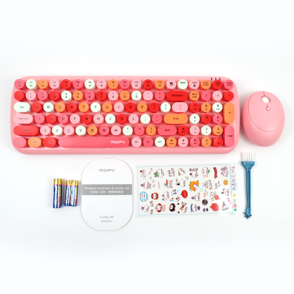 Mofii Candy XR wireless keyboard and mouse combo in pink with colorful round keys and accessories