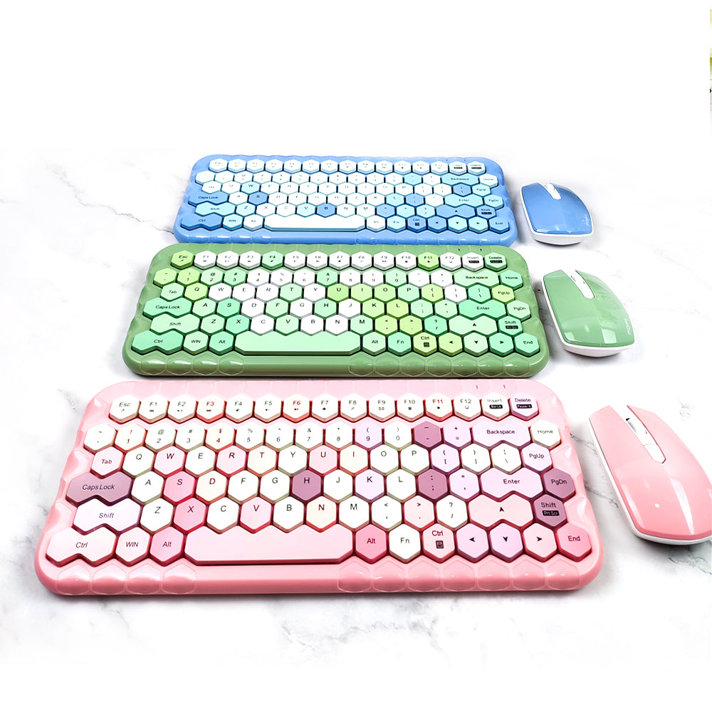 Mofii Honey PLUS gaming keyboard set with colorful hexagonal keycaps and matching wireless mice