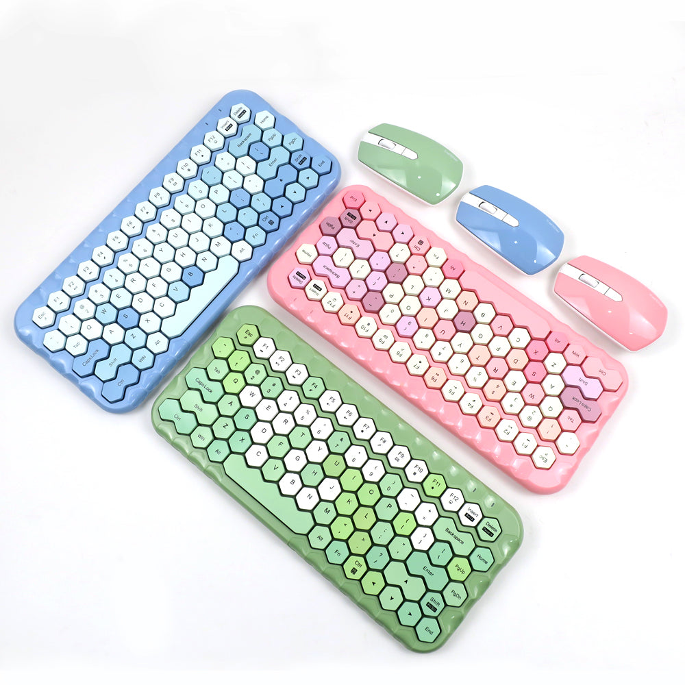 Mofii Honey PLUS gaming keyboard set with colorful hexagonal keycaps and matching wireless mice