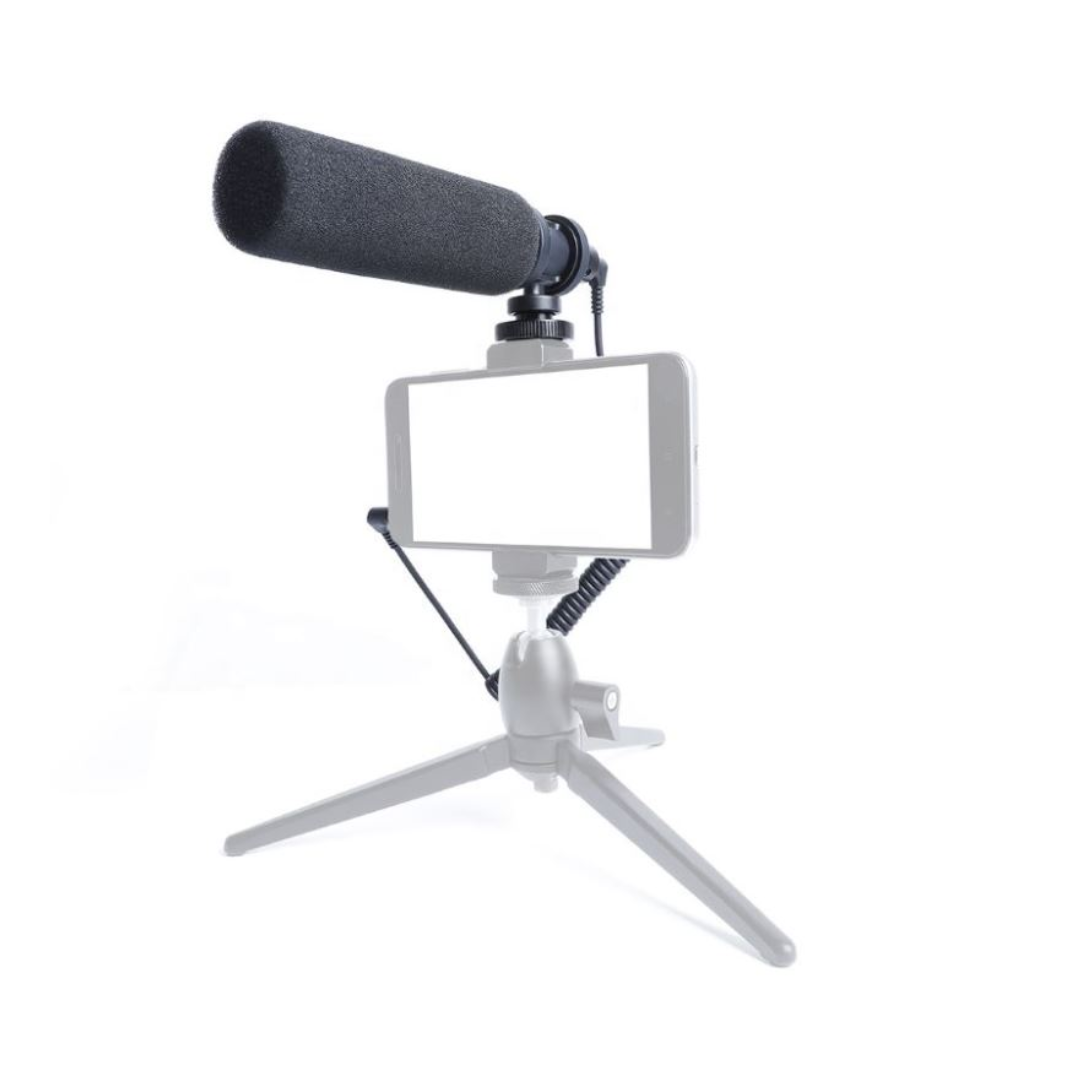 Multipurpose Video Microphone mounted on a tripod with a smartphone for high-quality audio recording
