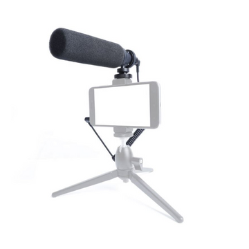 Multipurpose Video Microphone mounted on a tripod with a smartphone for high-quality audio recording