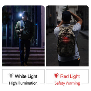Multifunction Rechargeable LED Headlamp showcasing white light for high illumination and red light for safety warning