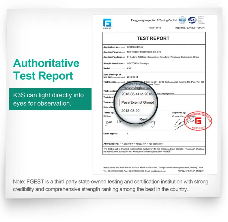 Test report showcasing VMIDirect White Light Medical Penlight certification and quality assurance