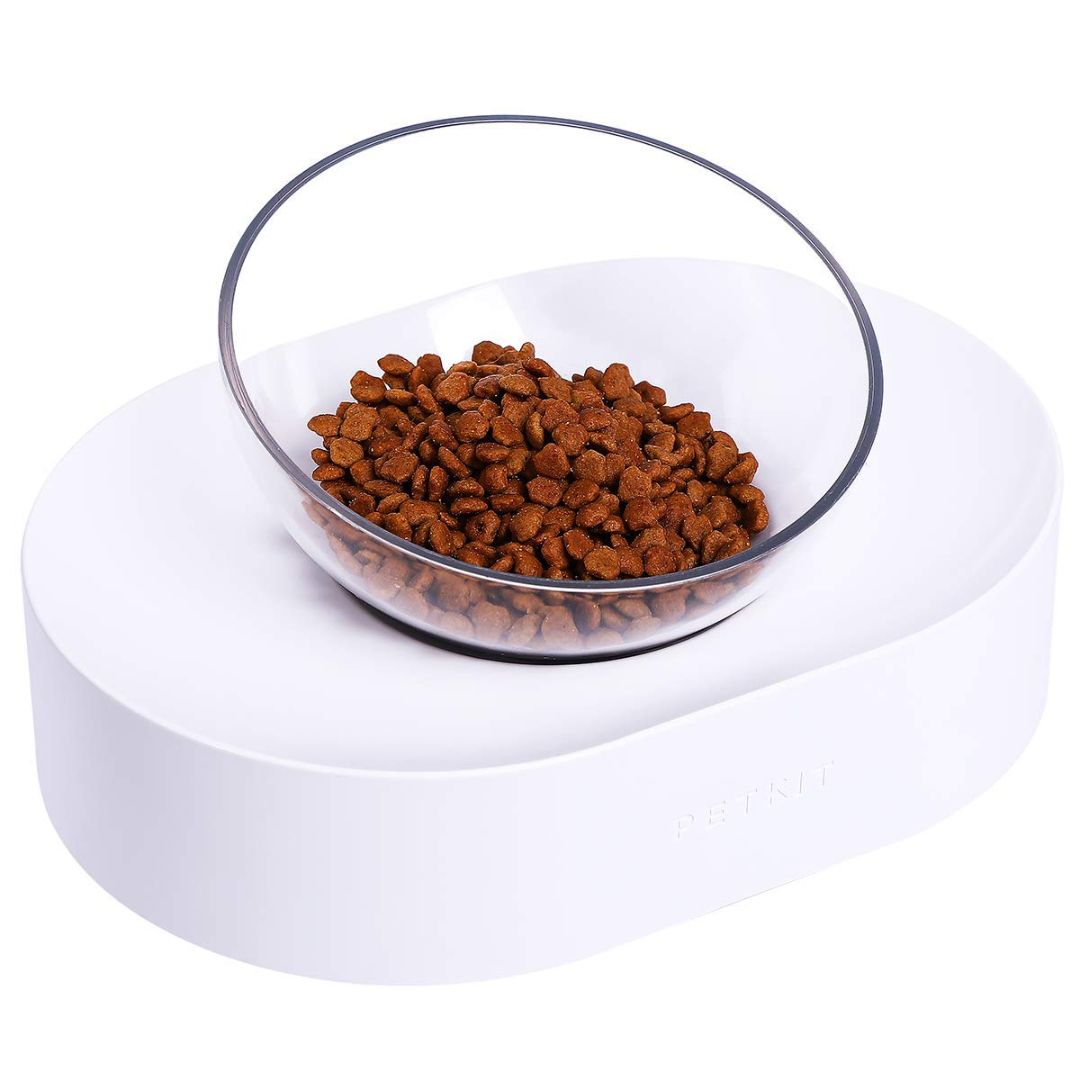 Petkit adjustable Tilted pet feeding bowl with clear tilted bowl and white base filled with dry pet food