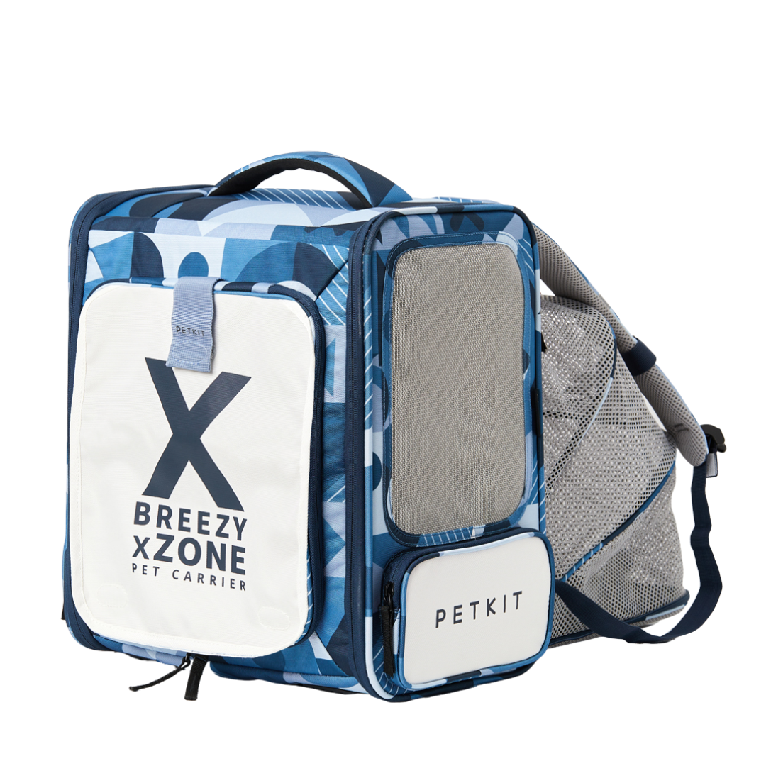 VMIDirect breathable pet travel backpack in blue camo with mesh ventilation and front storage pocket
