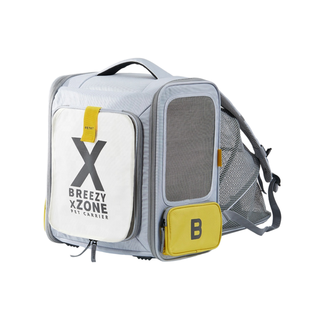 VMIDirect breathable pet travel backpack in gray and yellow with mesh panels for ventilation