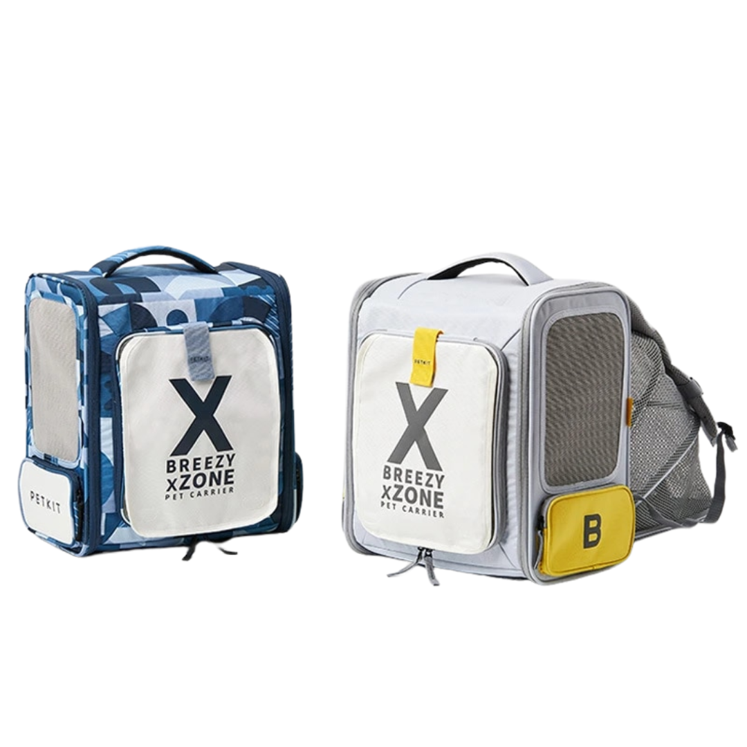 VMIDirect breathable pet travel backpack in blue and gray with mesh panels and front pockets for ventilation