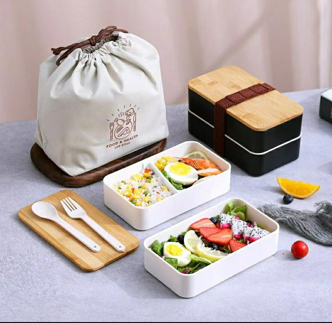 VMIDirect Portable Bento Lunch Box with two containers, wooden lid, and stylish tote for easy meals on the go