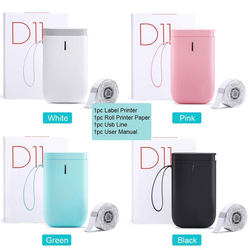 VMIDirect Portable Bluetooth Label Printer available in white, pink, green, and black with printer paper