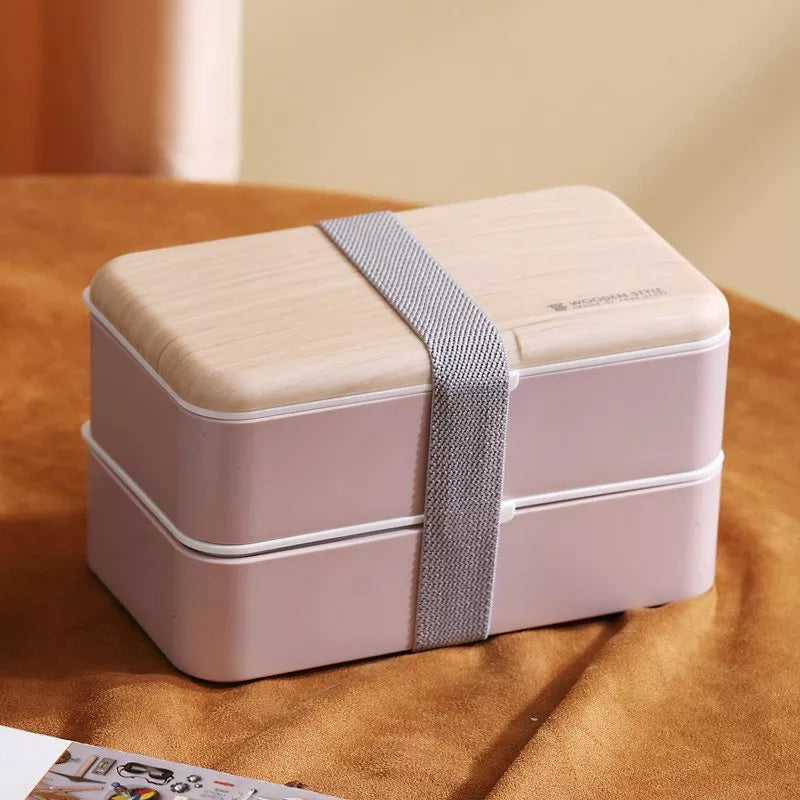 VMIDirect Portable Plastic Bento Lunch Box with bamboo lid and elastic strap for easy carrying