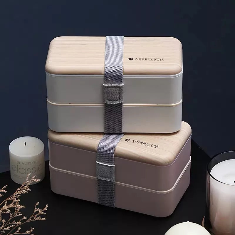 VMIDirect Portable Plastic Bento Lunch Box with two tiers and secure strap for easy transportation