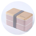 Portable Plastic Bento Lunch Box in Pink with Bamboo Lid and Gray Strap for Convenient Food Storage