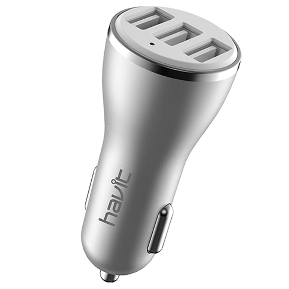 Havit 3 Ports Car Charger in sleek silver design for fast charging multiple devices in vehicles