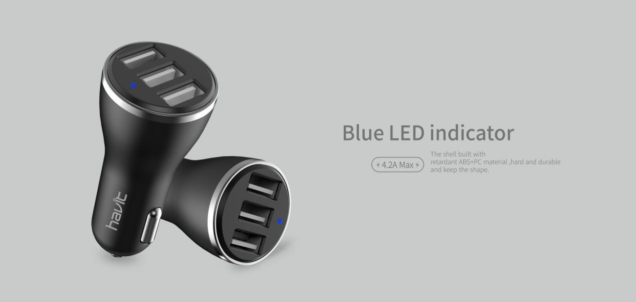 VMIDirect 3 Ports Car Charger with Blue LED Indicator for quick device charging