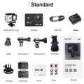 4K Action Camera bundle including waterproof case, mounts, USB cable, and rechargeable battery