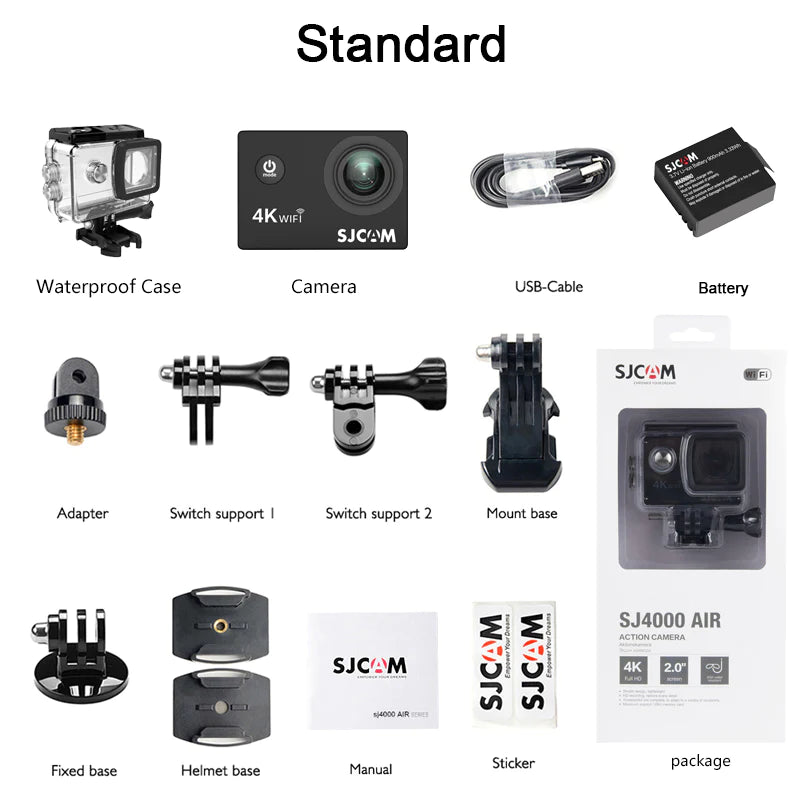 4K Action Camera bundle including waterproof case, mounts, USB cable, and rechargeable battery