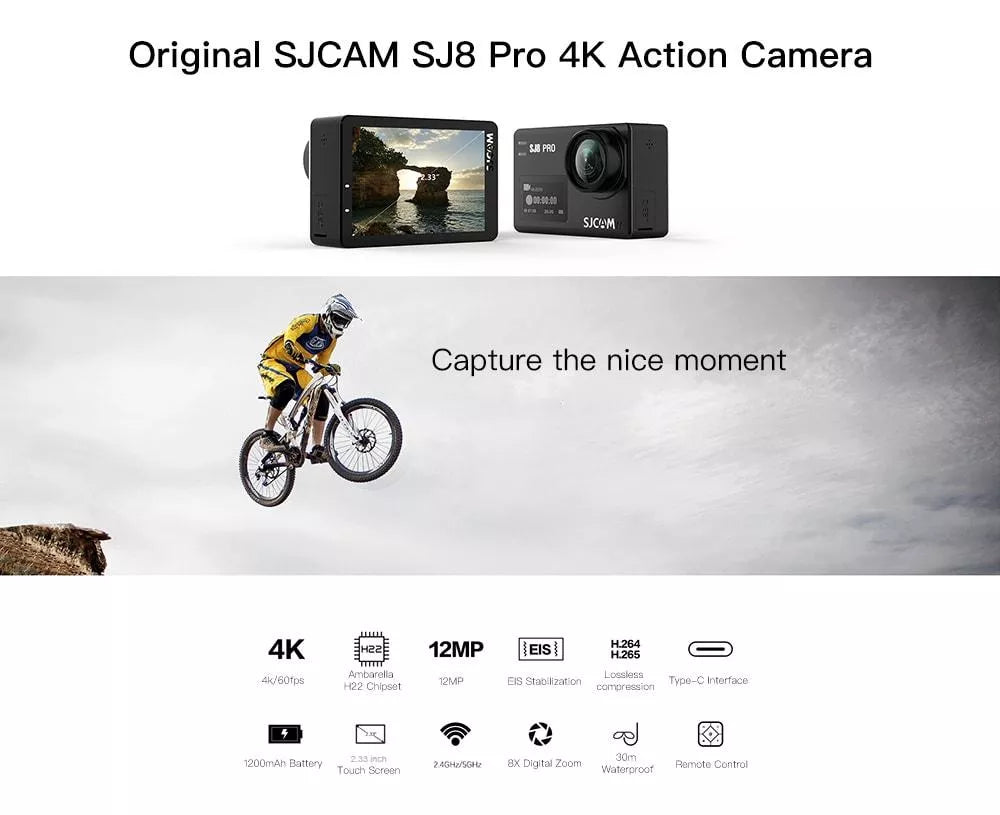 Original SJCAM SJ8 Pro 4K Action Camera showcasing high-resolution video and ideal for capturing adventures