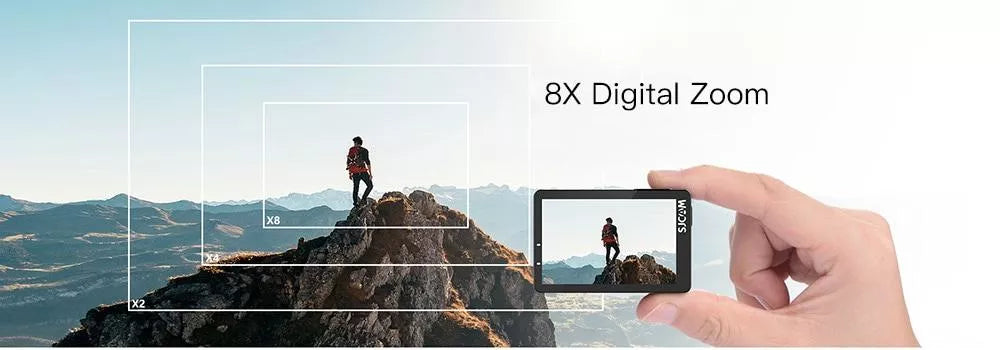 VMIDirect Action Camera with 8X digital zoom showcasing mountain landscape photography