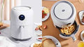 Smart Electric Air Fryer in white with digital display and fries in basket