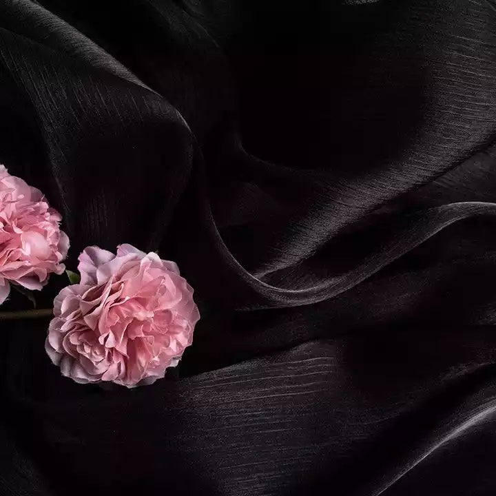 Smooth Silk Mercerized Photography backdrop in black with pink flowers for professional shoots