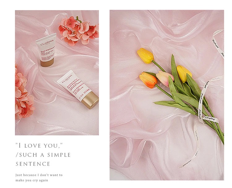 VMIDirect Smooth Silk Mercerized Photography backdrop with flowers and skincare products, creating a soft aesthetic