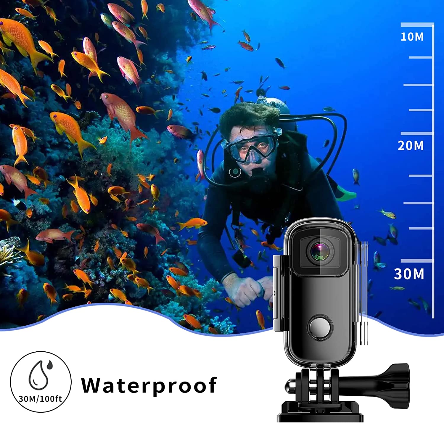 VMIDirect Sports Wifi Action Camera capturing underwater scenes with a diver and colorful fish
