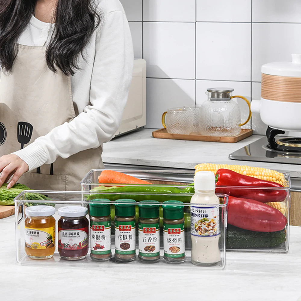 VMIDirect Stackable Pantry Organizer with clear containers for spices and vegetables in a kitchen setting