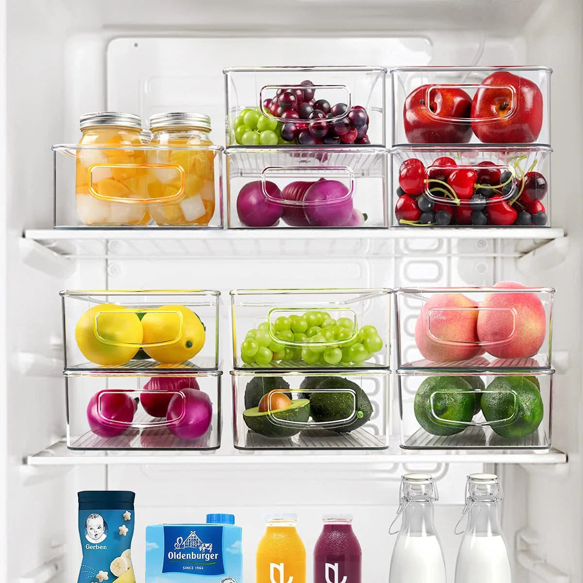 VMIDirect Stackable Pantry Organizer in Clear Bins Holding Fruits and Vegetables in Refrigerator