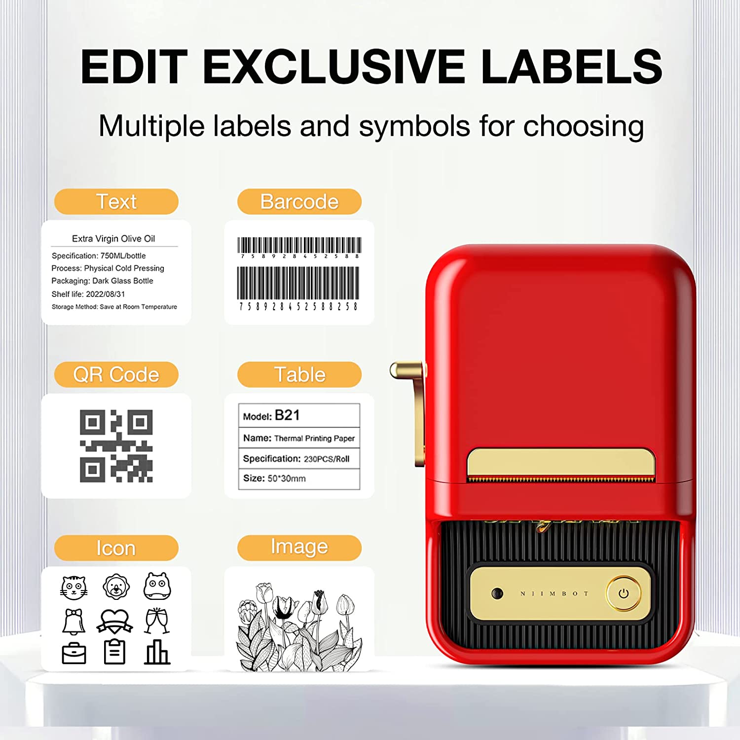 VMIDirect Thermal Label Printer in red with options for text, barcode, QR code, and icons